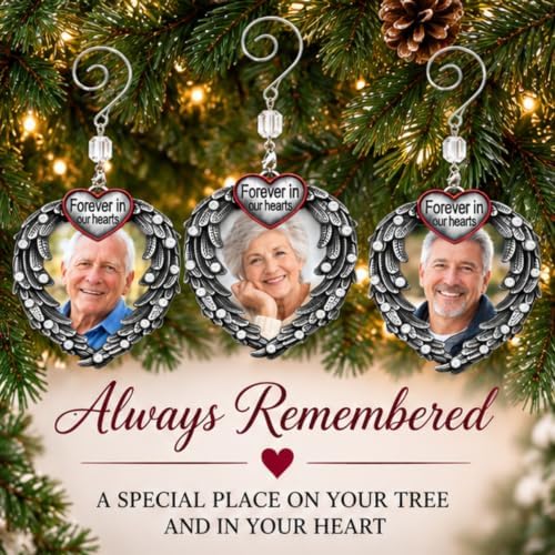 Memorial Photo Ornament for Loss of Loved One, Forever in Our Hearts Silver Heart Ornament with Angel Wings, Personalized Picture Memorial Christmas Ornament, Sympathy Gift, 3 Pack with Storage Bag