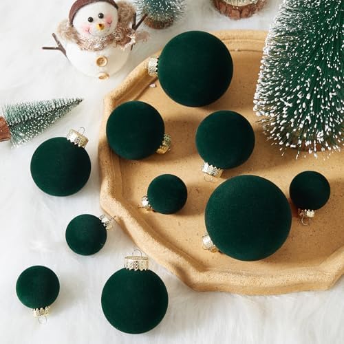 Dark Green Velvet Christmas Ball Ornaments-46pcs Flocked Tree Decorations