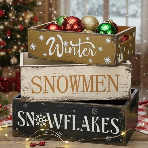 3 Pcs Christmas Wooden Crate Beige Snowman Snowflakes Holiday Box