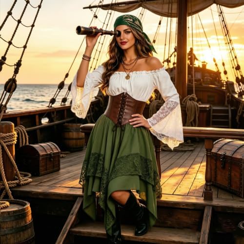 Women Pirate Costume Renaissance Medieval Outfit Halloween Top Skirt Set