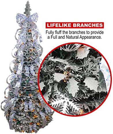 6.1ft Flocked Pull up Christmas Tree - Lighted Foldable Tree Includes Storage Bag Ornaments, Ribbons, Stand and UL Warm Lights