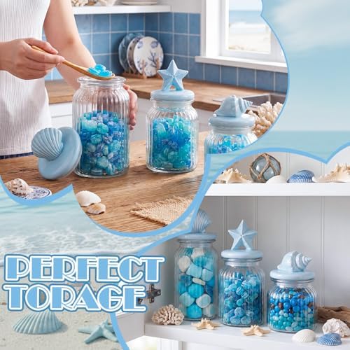 Mimorou 3 Set Beach Candy Glass Jars with Ceramic Lid 44oz 33oz 22oz Coastal Cookie Jar Airtight Glass Food Storage Container for Spring Summer Baby Shower Party Tea Snacks Sugar