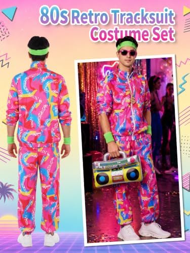 SOMSOC 80s Tracksuit for Men Women Halloween Costume Retro Windbreaker Set Neon 90s Outfit Couple Jogger Suit