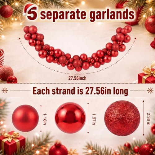 Silipull 5 Pcs 2.3 ft Large Christmas Ball Garland Ornaments, Red