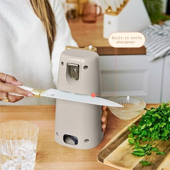 B'eautiful Easy-Prep Electric Can Opener with 70-watt motor effectively, Auto-turn & One-Touch Operation Built-in knife sharpener and bottle opener by D'rew Barry'more (Porcini Taupe)