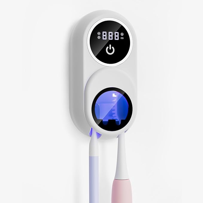 Toothbrush Holder & Toothbrush Cleaner, Fan & Heat Drying, LED Smart Screen, Wall Mounted Tooth Brush Holder for Bathrooms (White+Black)