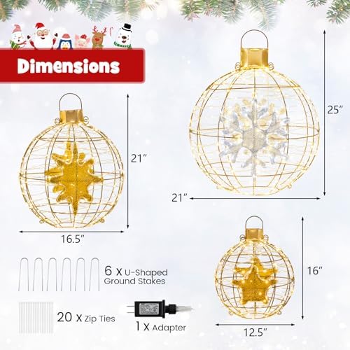 Tangkula 3 Pack Christmas LED Lighted Balls, Metal Sphere Globe Lights