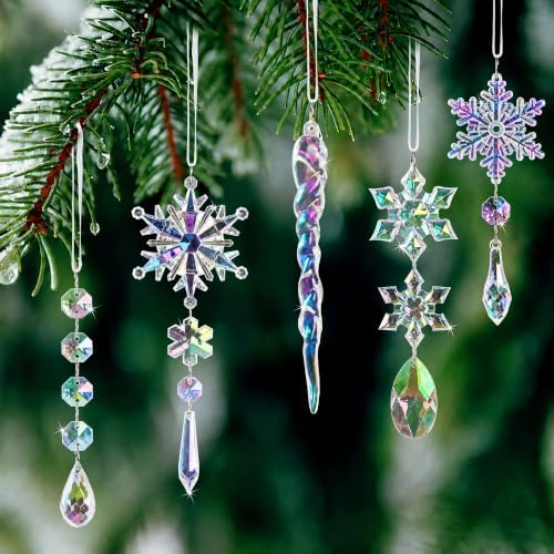 Crystal Christmas Tree Ornaments, 18pcs Iridescent Acrylic Snowflake Icicle