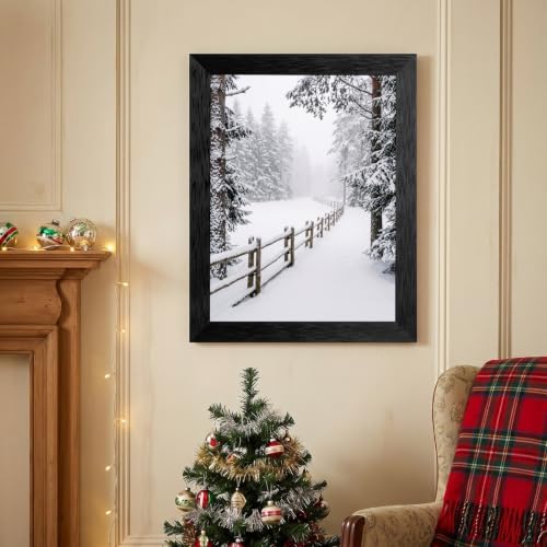 Framed Winter Fence Canvas Wall Art, Winter Scene, Black Frame Inch 12x16