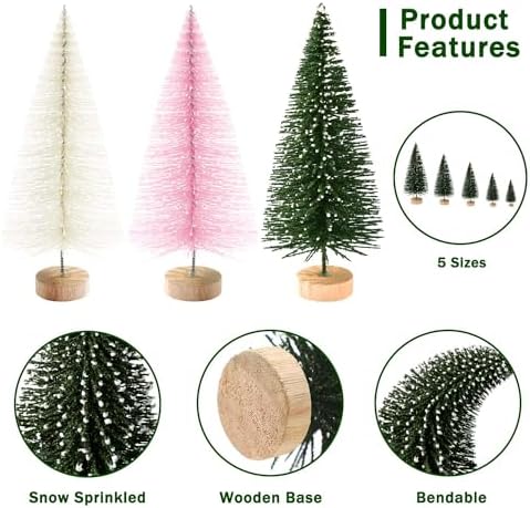 30Pcs Mini Christmas Trees Artificial Christmas Tree Bottle Brush Trees with Wooden Base for Christmas Decor Christmas Party Home Table Craft Decorations(Green+Beige+Pink)