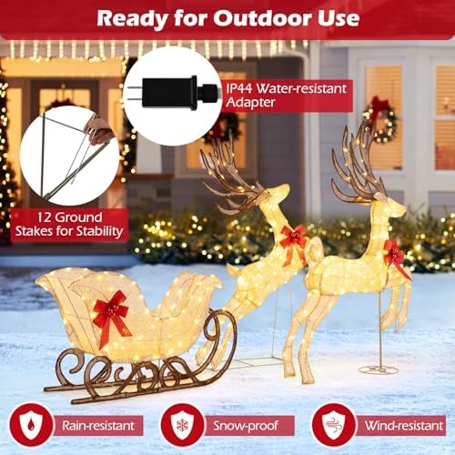 Tangkula 3-Piece Christmas Lighted Reindeer & Sleigh Set, Gold