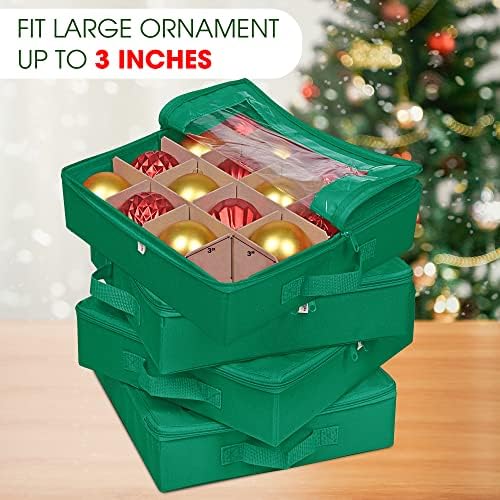 ProPik 4 Pcs Christmas Ornament Storage Boxes with Dividers | 4 Individual Trays Hold 64 Holiday Decoration Balls | Durable Ornaments Organizer Storage Box | Zippered Closure with Handles (Green)