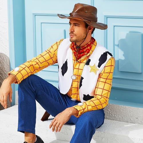Cowboy Sheriff Costume Men's Plaid Button Down Shirt with Vest Bandana Star Badge Halloween Sheriff Cosplay Outfits