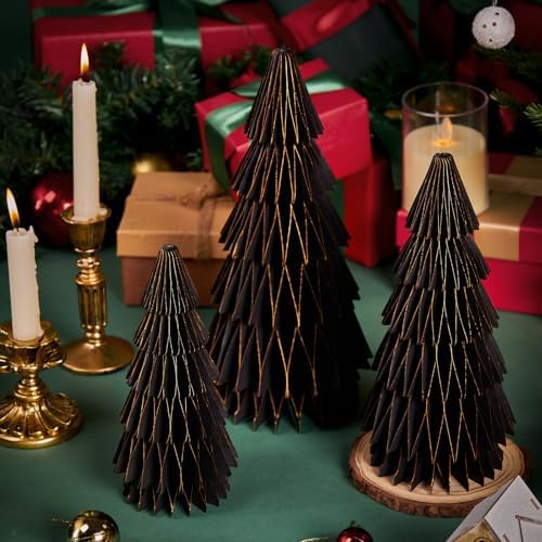 SUNBEAUTY 3PCS Black and Gold Honeycomb Paper Christmas Tree, 3D Christmas Tree Table Centerpiece with Magnetic Attachment,Christmas Winter Newyear Party Holiday Home Decor