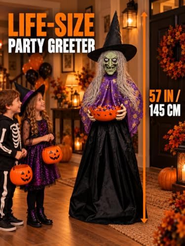 Halloween Witch Animatronic with Candy Bowl, Moving Head & Mouth, Sound