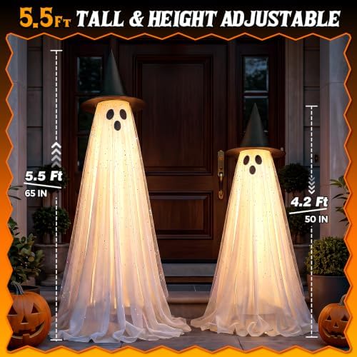 2 Packs 5.5 FT Light Up Ghosts Halloween Decorations Outdoor, Halloween Party Decorations Indoor with Double-Layered Fabric, Remote Control & Timer, Spooky Ghost Decor for Porch Yard Patio Lawn