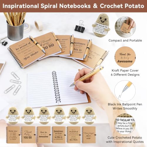 84 Pcs/12 Sets Employee Appreciation Gifts Bulk - Includes 16oz Glass Cups with Bamboo Lid, Positive Crochet, Inspirational Notebooks with Pens, Kraft Paper Gift Bags & Straw - Thank You Gifts for Coworkers, Teachers, Staff & Team
