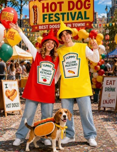 Ketchup Mustard and Hot Dog Costume Adult Set 5PCS Funny Food Tunic Outfits for Couples Family Halloween Party Cosplay