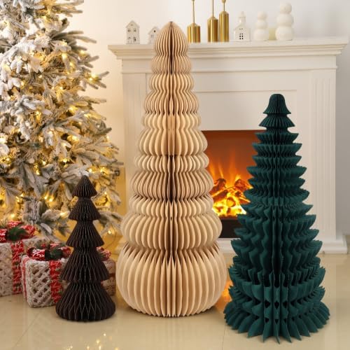 3 Pcs Large Honeycomb Christmas Tree,Classic,Beige, Green, Brown