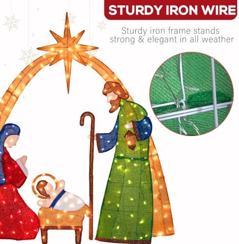 Hykolity 5.5 FT 2.5D Lighted Nativity Scene, Outdoor Christmas Yard Decoration with 210 Warm White LEDs, Stained-Glass Style Fabric and 5 FT Power Cord for Lawn and Porch