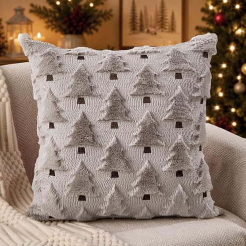 Allorry Christmas Pillow Covers 20x20 inch Set of 2 Grey Christmas Decorations Soft Plush Faux Fur Wool Christmas Tree Throw Pillow Cases Winter Holiday Decor for Sofa Living Room PT002I20