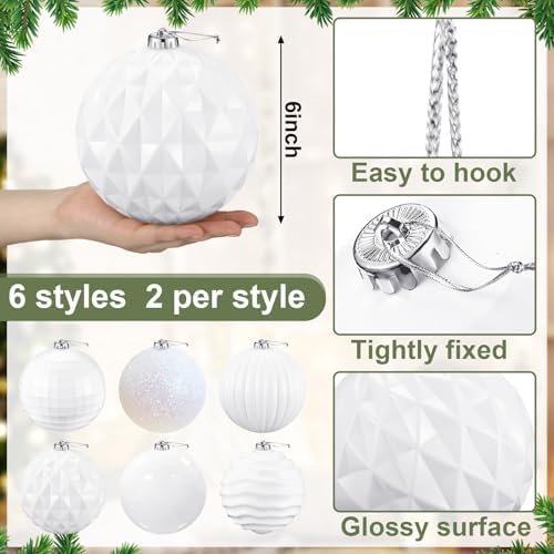 Poen 12 Pcs 6 Inch Extra Large Christmas Ball Ornaments Outdoor Christmas Tree Decoration Hanging Plastic Balls Oversized Glitter Xmas Balls for Outside Lawn Yard Tree Decoration(White)