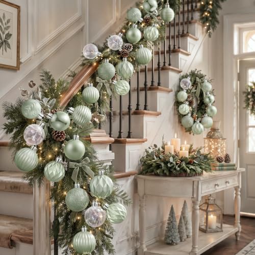 Lunmon 64 Pcs Sage Green Christmas Ornaments Iridescent White Xmas Bulbs