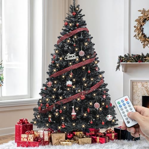 YITAHOME 7.5ft Prelit Black Halloween Artificial Christmas Tree w/Remote
