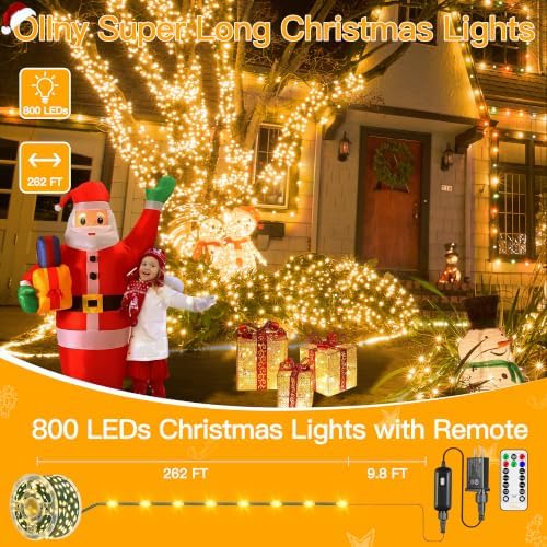Ollny Christmas Lights 800 LED 262 FT Plug in, IP67 Waterproof Green Wire Outdoor Christmas Lights with Remote, 8 Modes and Timer Outdoor String Light for House Indoor Xmas Decorations (Warm White)