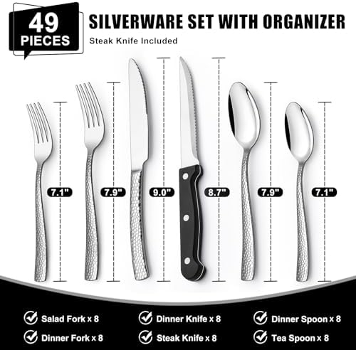 49-Piece Hammered Silverware Set with Organizer, Food-Grade Stainless Steel Flatware for 8, Cutlery Utensil Sets with Steak Knives, Rust-proof, Mirror Polished, Dishwasher Safe, Wave Hammered