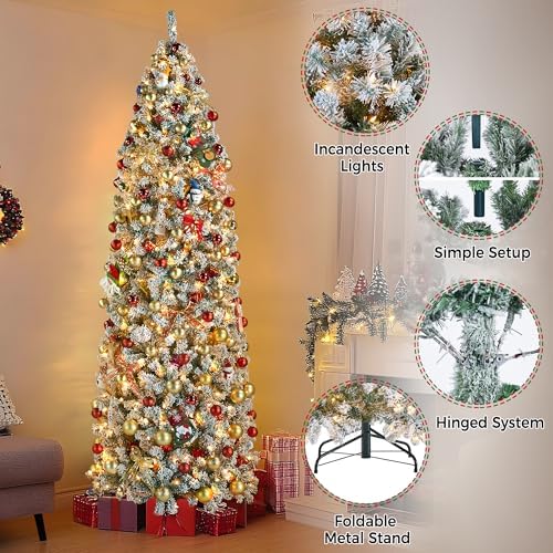 Yaheetech 9ft Pre-lit Snow Flocked Pencil Christmas Tree, Green & White