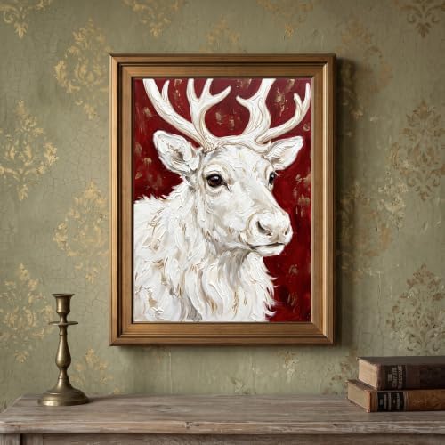 Framed Canvas Wall Art Painterly Reindeer Portrait Red and White with Gold Highlights Canvas Print Poster Gold Frame Wall Decor for Living Room Bedroom Holiday Decor, Winter Art - Inch 12x16