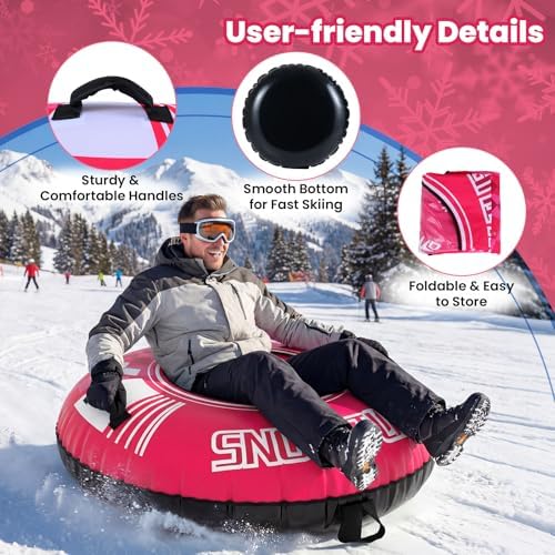 Goplus Inflatable Snow Tube, 42" Heavy-Duty Snow Sledding Tube with Detachable Tow Strap, Thickened Bottom, 3-in-1 Valve, Handles, Winter Outdoor Fun Toy for Kids & Adults, Christmas Birthday