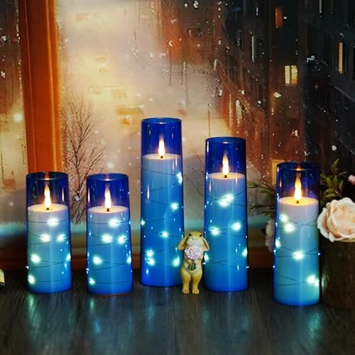 kakoya Flameless LED Candles with Timer 5 Pc Flickering Flameless Candles for Romantic Ambiance and Home Decoration Stable Acrylic Shell,with Embedded Star String，Battery Operated Candles（Blue）