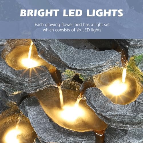 7 Tiers Cascading Rock Water Fountain with LED Lights, Outdoor Waterfall Fountain for Garden, Deck, Backyard, Patio, Porch, Natural Stone Look