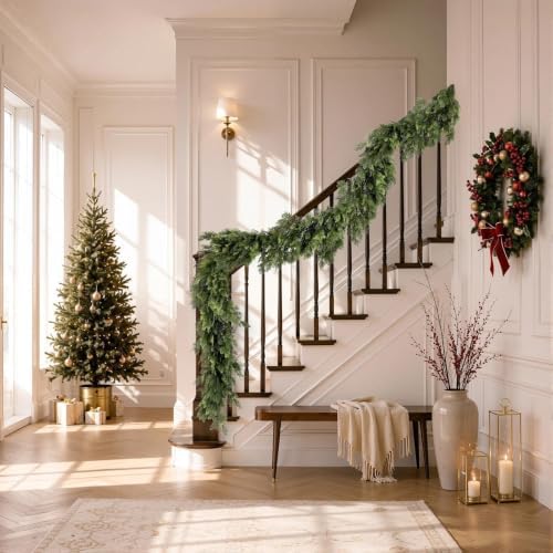Christmas Garland 6FT Decorations Real Touch Cedar Cypress Pine Greenery Artificial Green Christmas Garland for Mantle, Fireplace, Table, Stairs, Door, Porch, Indoor Outdoor Decorations