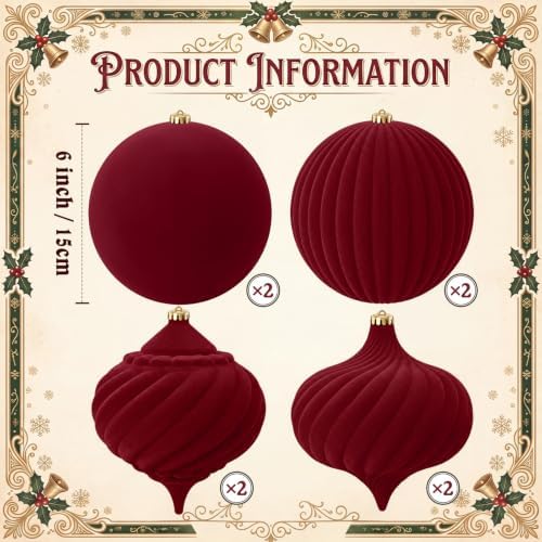 Civaner 8 Pcs Large Velvet Christmas Ball,6 Inch,Burgundy