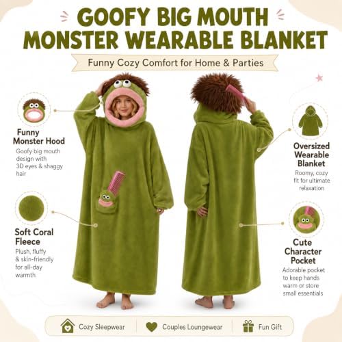Halloween Adult Big Mouth Monster Onesie, Goofy Coral Fleece Couple Pajamas