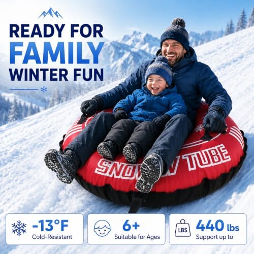 Snow Tube, 44-Inch Heavy-Duty Inflatable Snow Sled for Adults Premium Canvas Cover with Reinforced PVC Bottom