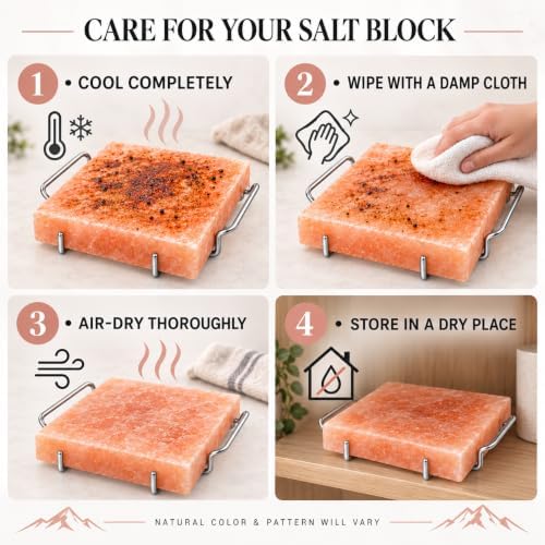 UMAID Himalayan Salt Block Cooking Plate 8x8x1.5 – Food Grade Pink Himalayan Salt Stone for Cooking, Salt Block for Grilling, Serving & Food Presentation – Includes Stainless Steel Tray & Recipe Booklet – Unique Gifts for Men & Women