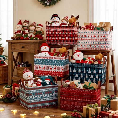 CHENGU 6 Pack Christmas Basket Collapsible Retro Christmas Storage Bin