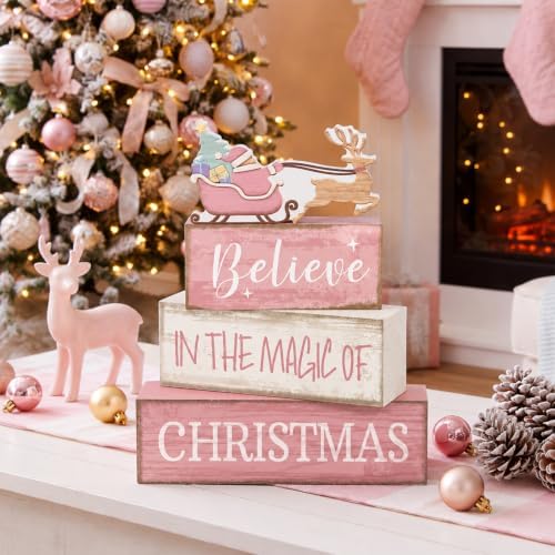 Moucuny 4 Pcs Christmas Table Decoration Pink Santa Sleigh Stacked Wooden Sign Decor Christmas Tiered Tray Decor Decorative Santa Claus Elk Block Sign Gift Farmhouse Xmas Centerpiece for Home Kitchen