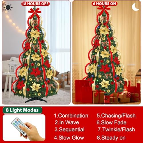 6 Ft Pop up Christmas Tree,Pre-Lit Christmas Trees with Lights 200 LED Collapsible Christmas Tree Plug-in with Remote, 8 Lighting Modes for Outdoor Indoor Party Christmas Decor