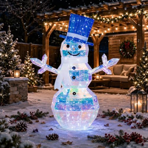 Hykolity 4 FT 2.5D Iridescent Prismatic Lighted Snowman, Outdoor Christmas Snowman Decoration with 100 Cool White LED Lights, Top Hat and Scarf for Yard, Lawn and Porch