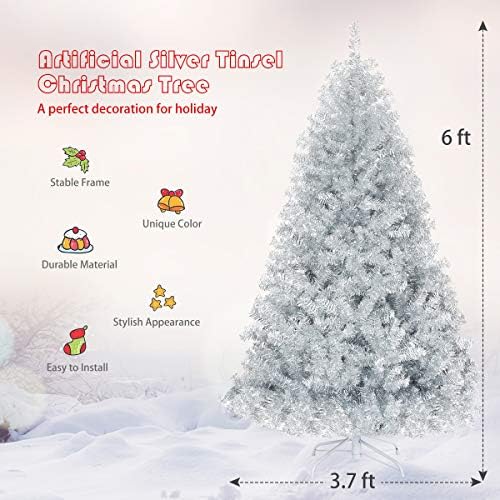 Happygrill 6FT Silver Christmas Tree Artificial Hinged Tinsel Xmas Tree with Metal Stand, 1036 Branch Tips, Holiday Decoration Tree for Indoor and Outdoor