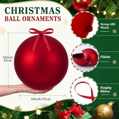 Weysat 4 Pcs Large Fillable Christmas Ball Ornaments, Matte Red, 10 Inch