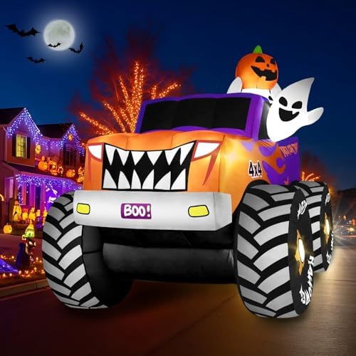 zukakii 8FT Long Halloween Inflatables Decoration Outdoor Monster Truck Car with Ghosts & Pumpkin, Giant Halloween Blow Up Yard Decorations Huge Blowups Built-in LED Light Strong Blower for Festival