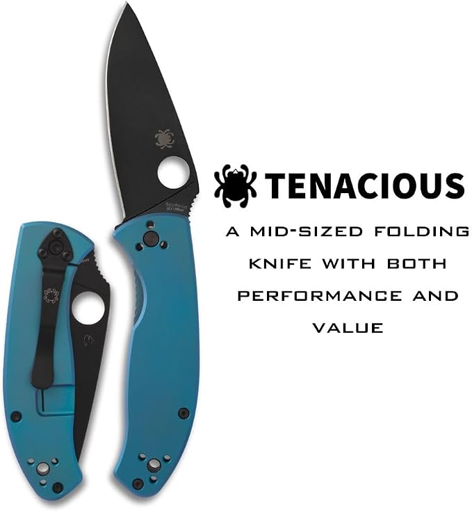 Spyderco Tenacious Folding Pocket Knife, PlainEdge | 7.74" Overall Length, 3.3" 8Cr13MoV Steel Blade, Blue, Titanium Handle, R.I.L Lock, Full-Flat Grind