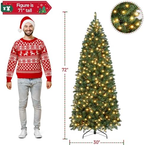 Yaheetech 6ft Pre-lit Artificial Christmas Tree Hinged Spruce Pencil Tree