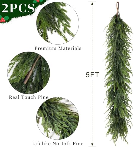Artificial Christmas Norfolk Pine Garland for Mantle Decor (5 FT,2 PCS)
